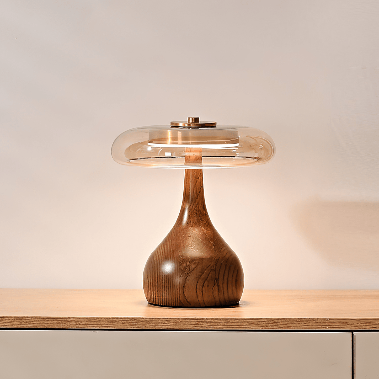 CoveaWood | Elegant Curved Wooden Table Lamp with Amber Glass Shade 0