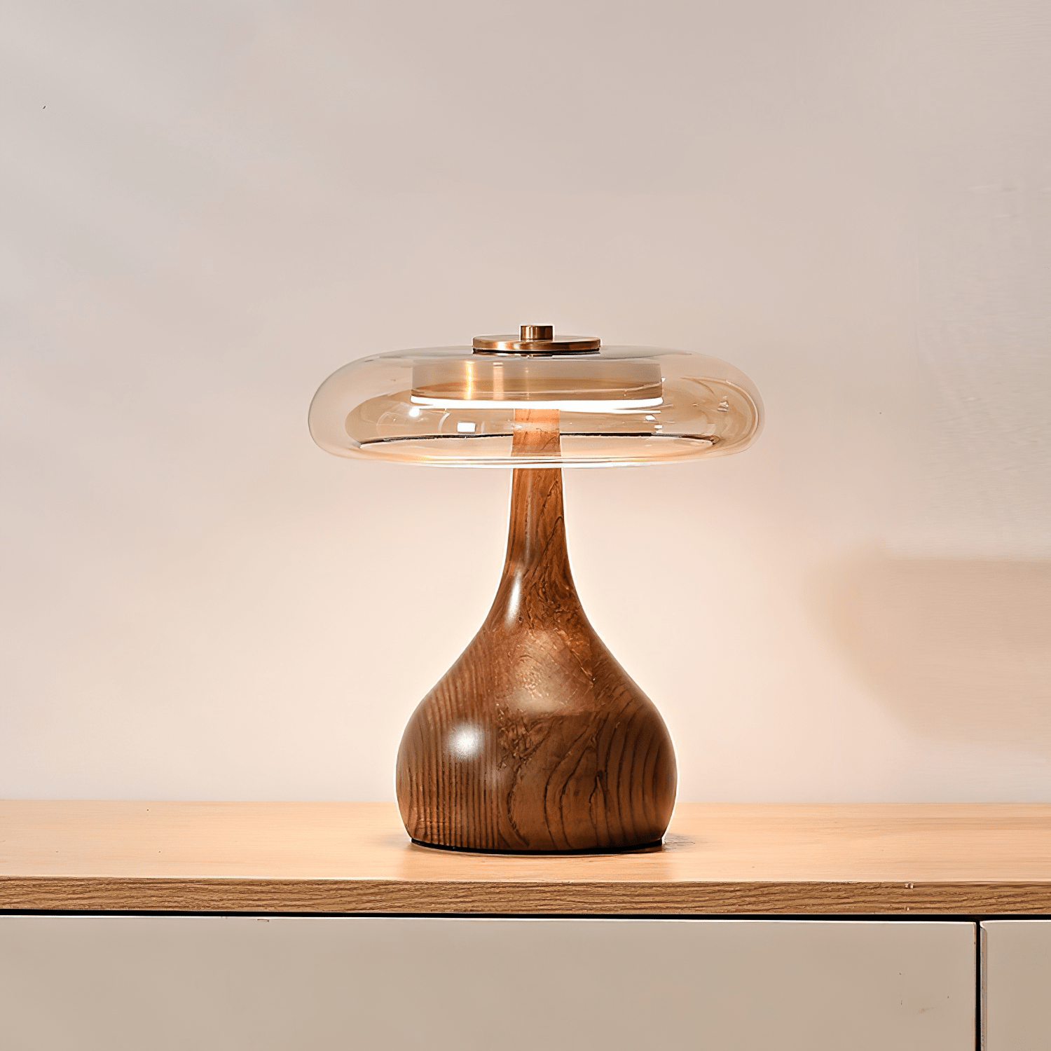 CoveaWood | Elegant Curved Wooden Table Lamp with Amber Glass Shade 0