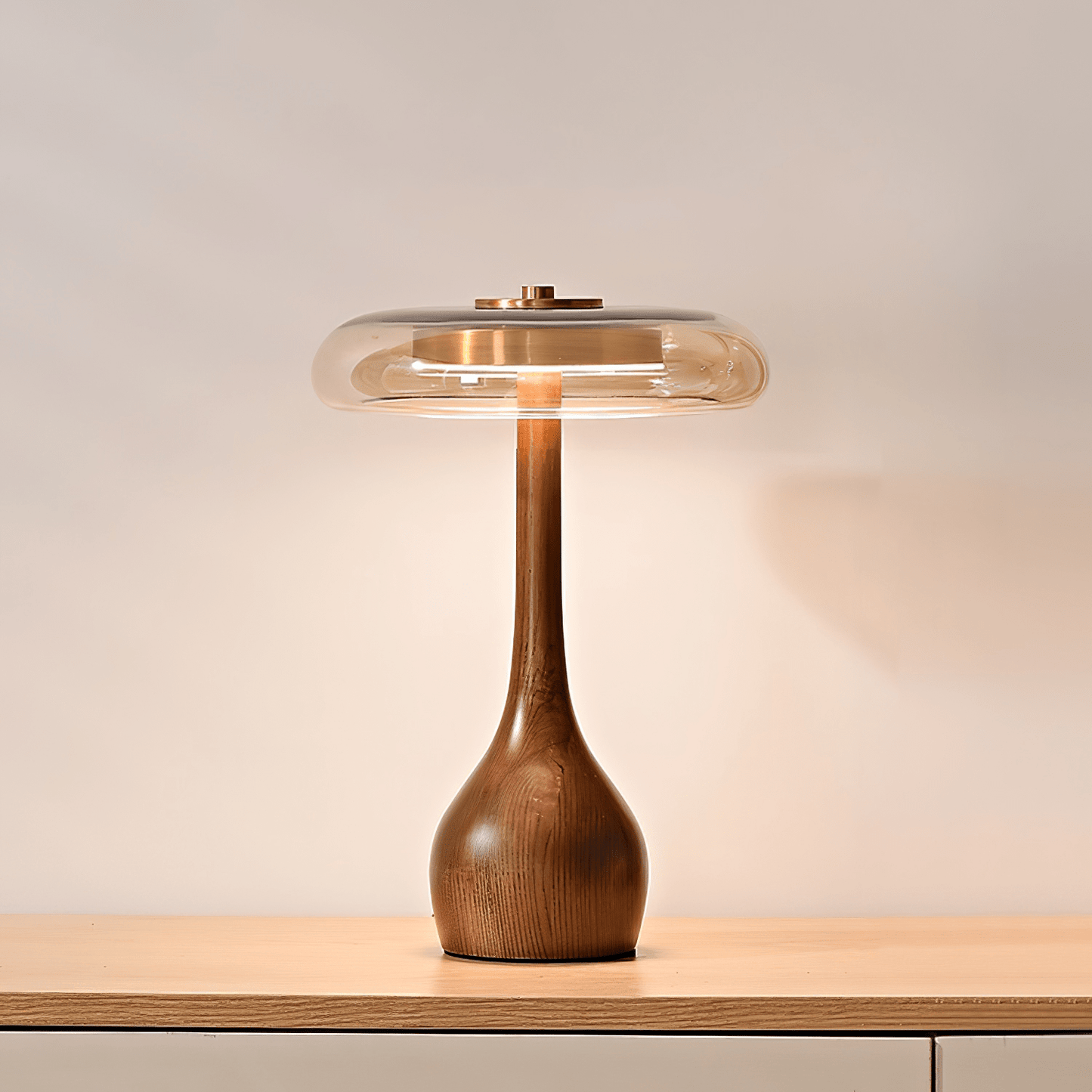 CoveaWood | Elegant Curved Wooden Table Lamp with Amber Glass Shade 1