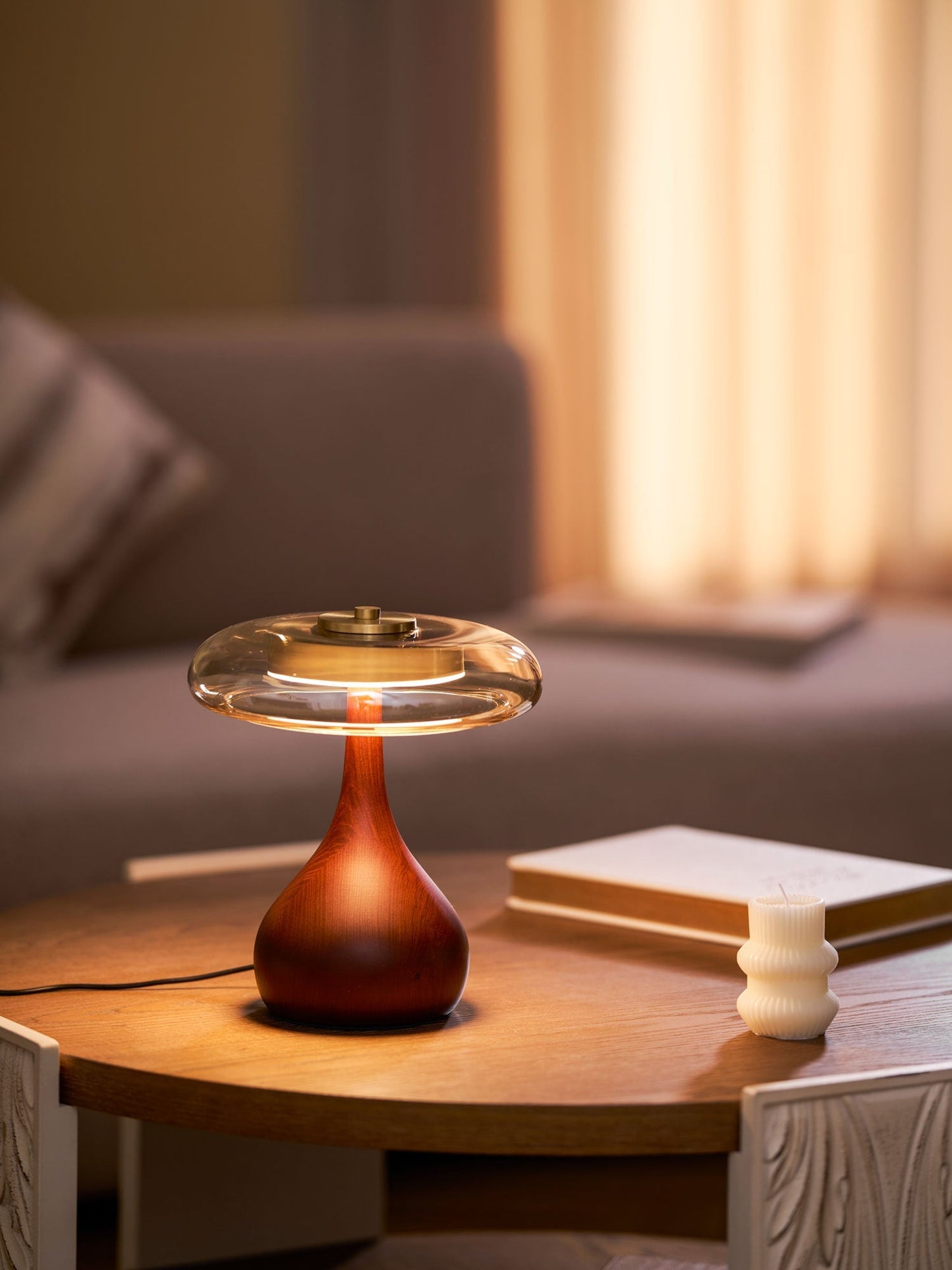 CoveaWood | Elegant Curved Wooden Table Lamp with Amber Glass Shade 3