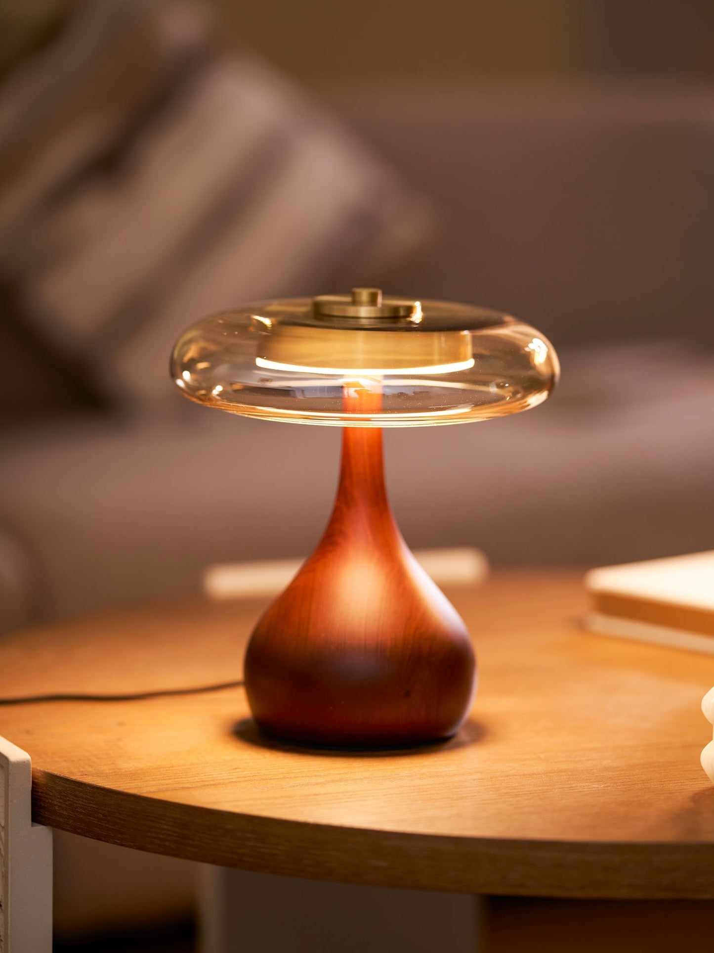 CoveaWood | Elegant Curved Wooden Table Lamp with Amber Glass Shade 4