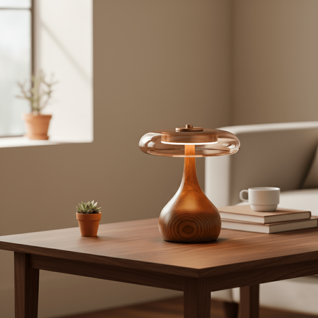 CoveaWood | Elegant Curved Wooden Table Lamp with Amber Glass Shade 5