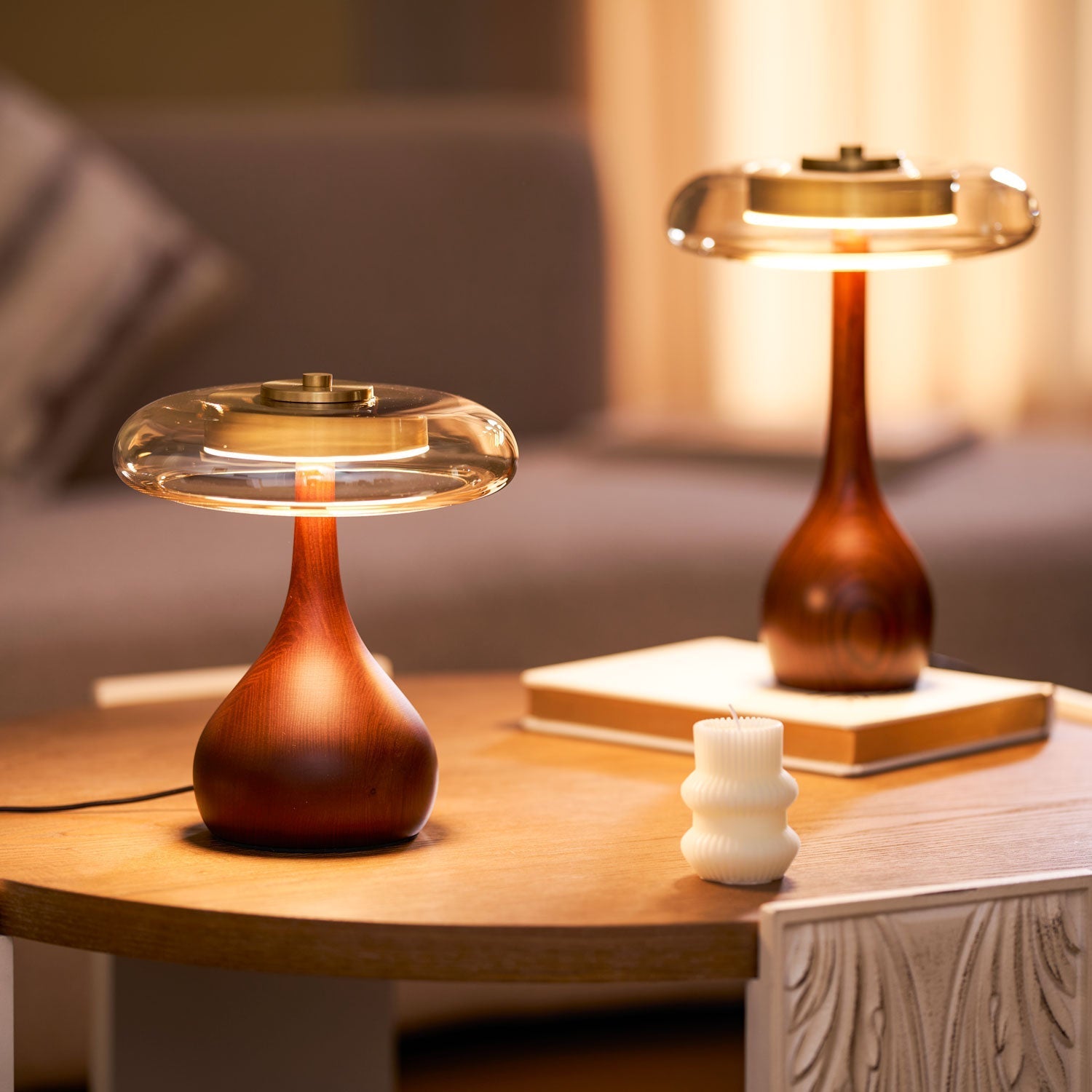 CoveaWood | Elegant Curved Wooden Table Lamp with Amber Glass Shade 6