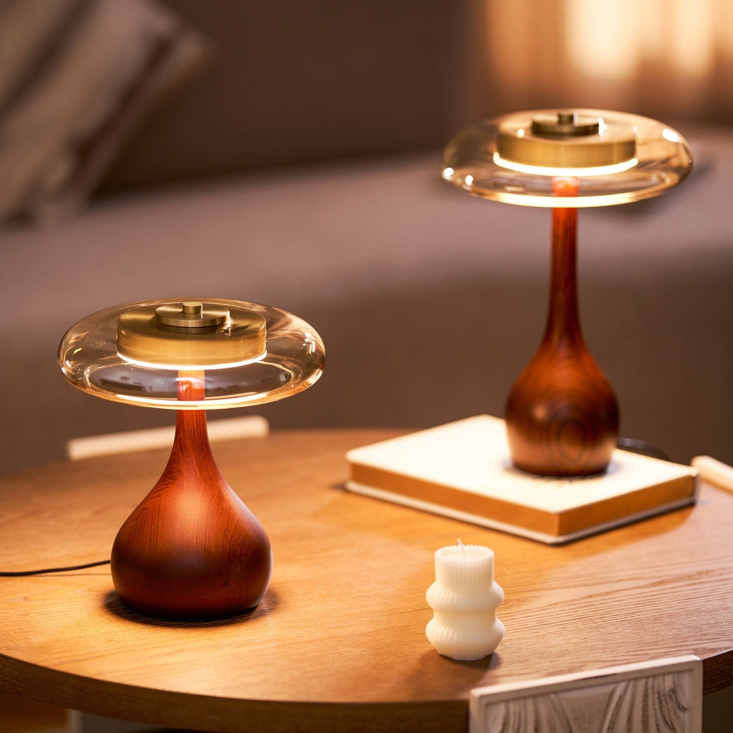 CoveaWood | Elegant Curved Wooden Table Lamp with Amber Glass Shade 7