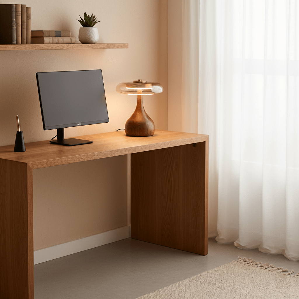 CoveaWood | Elegant Curved Wooden Table Lamp with Amber Glass Shade 8