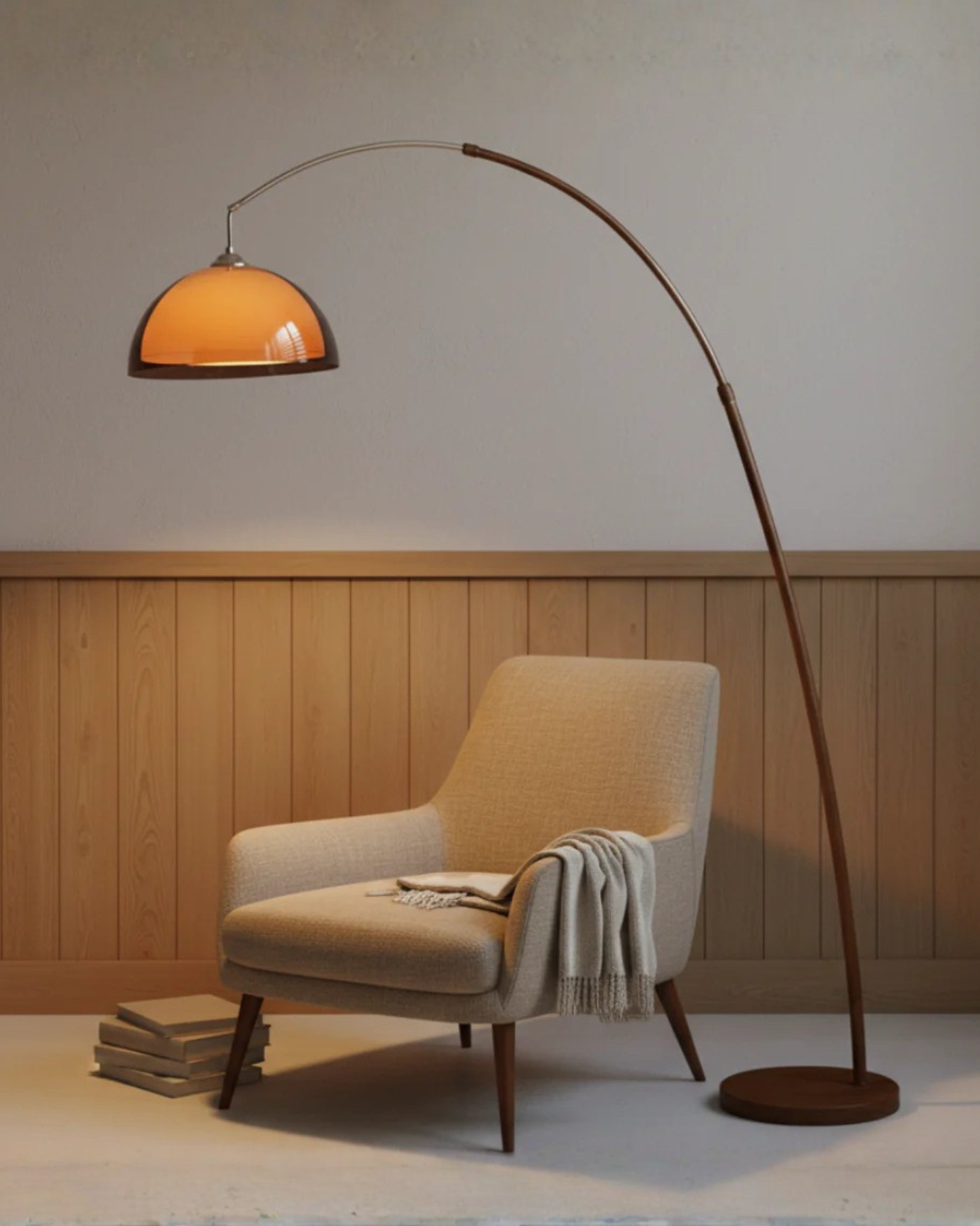 LumenArc | Modern Elegant Walnut Arc Floor Lamp with Warm Dome Shade 2
