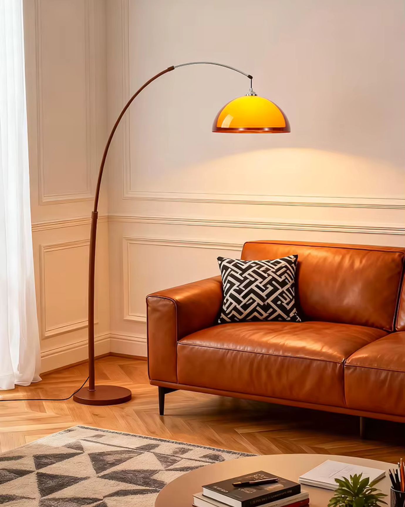 LumenArc | Modern Elegant Walnut Arc Floor Lamp with Warm Dome Shade 3