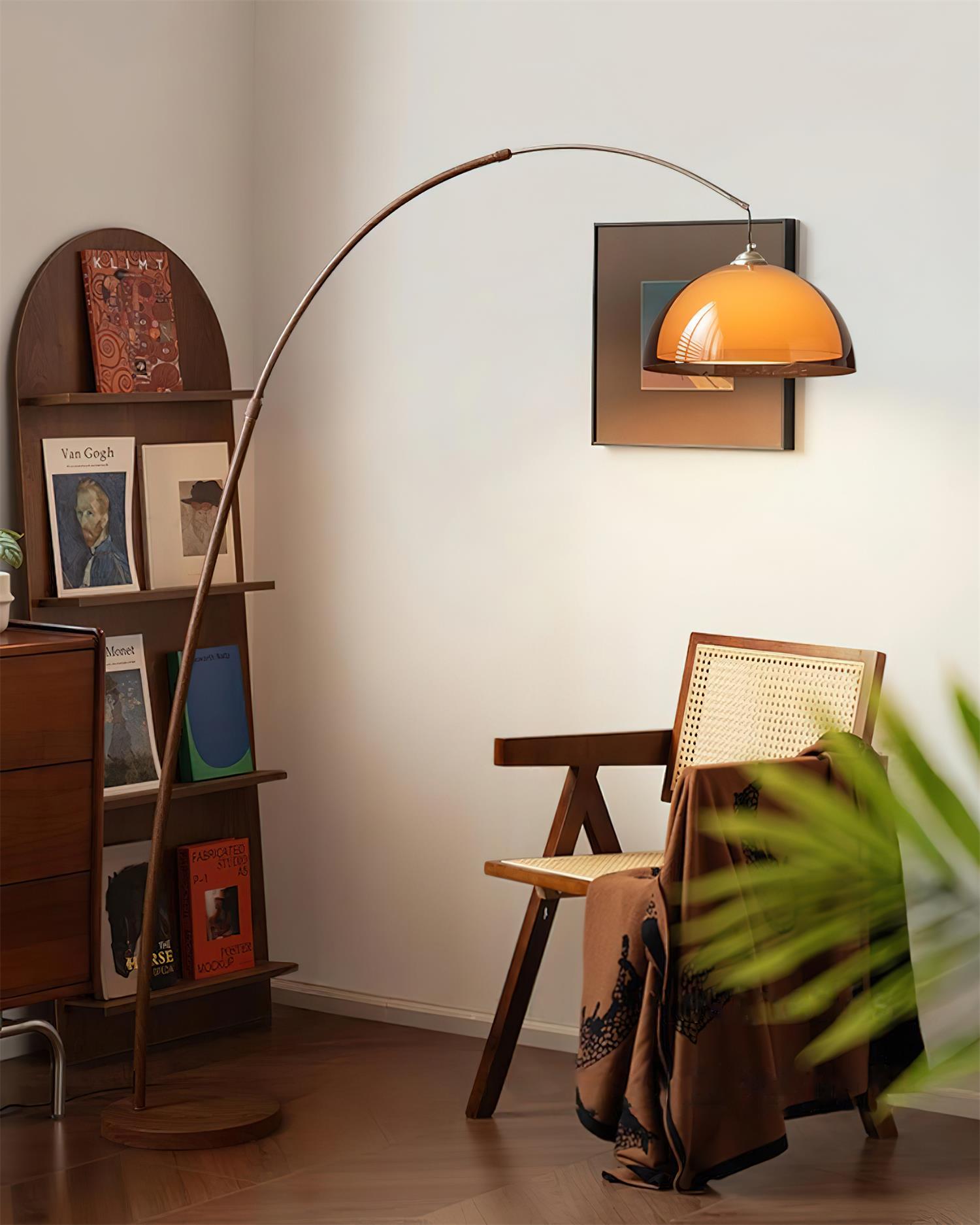 LumenArc | Modern Elegant Walnut Arc Floor Lamp with Warm Dome Shade 4