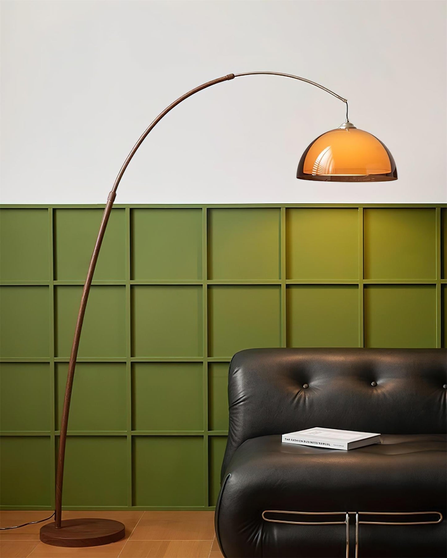 LumenArc | Modern Elegant Walnut Arc Floor Lamp with Warm Dome Shade 5