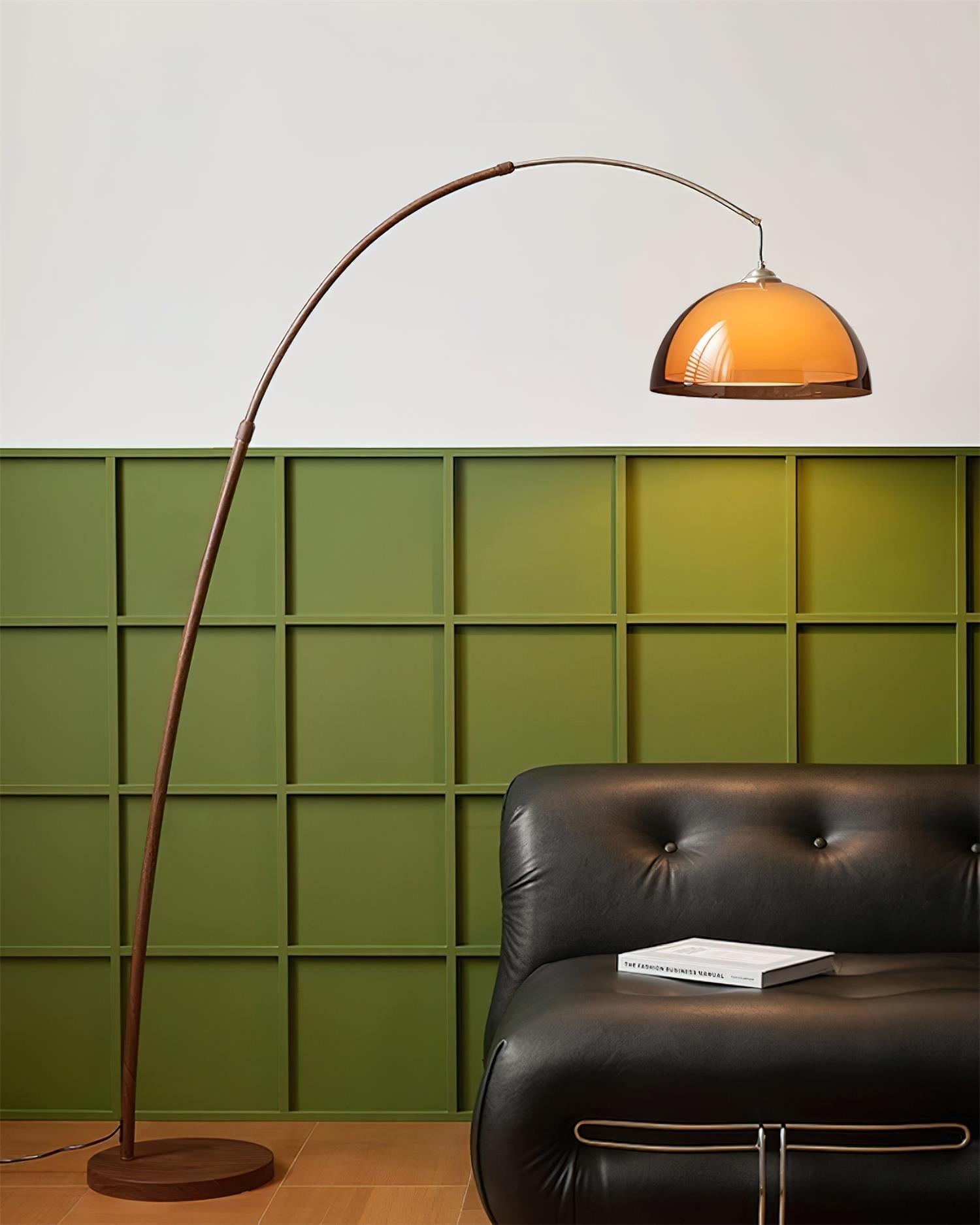 LumenArc | Modern Elegant Walnut Arc Floor Lamp with Warm Dome Shade 5
