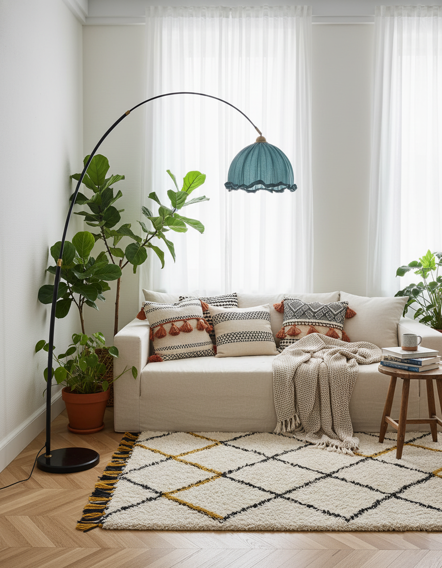 Lunaris | Elegant Modern Black Arc Floor Lamp with Fabric Shade 6